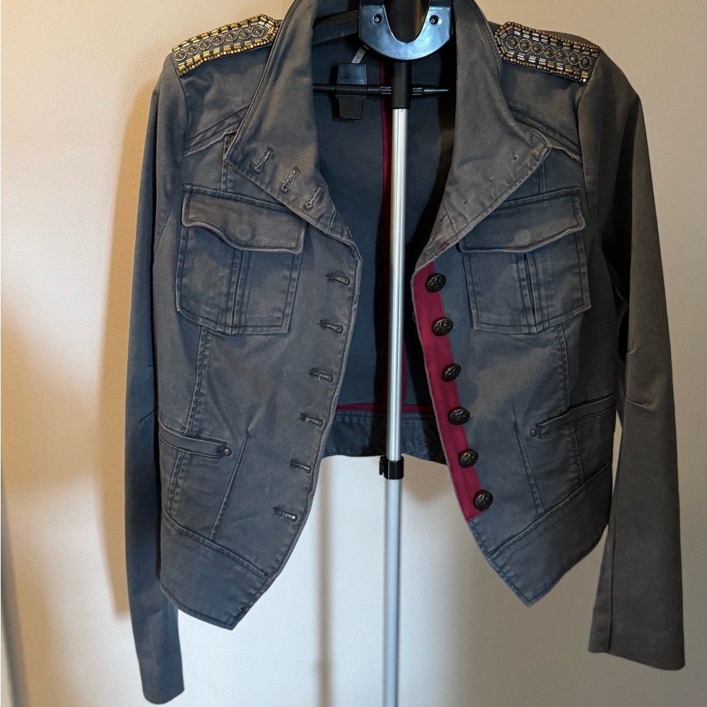 Free People Gray Utility Jacket with Red Accents